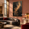 Charcoal Abstract Wall Art with Copper Clouds shown above a dark leather sofa.