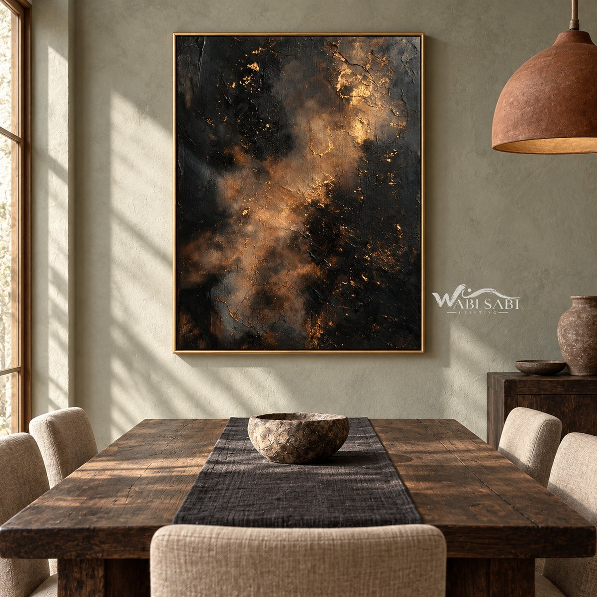 Charcoal Abstract Wall Art with Copper Clouds shown behind a dining table.