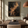 Charcoal Abstract Wall Art with Copper Clouds shown behind a dining table.
