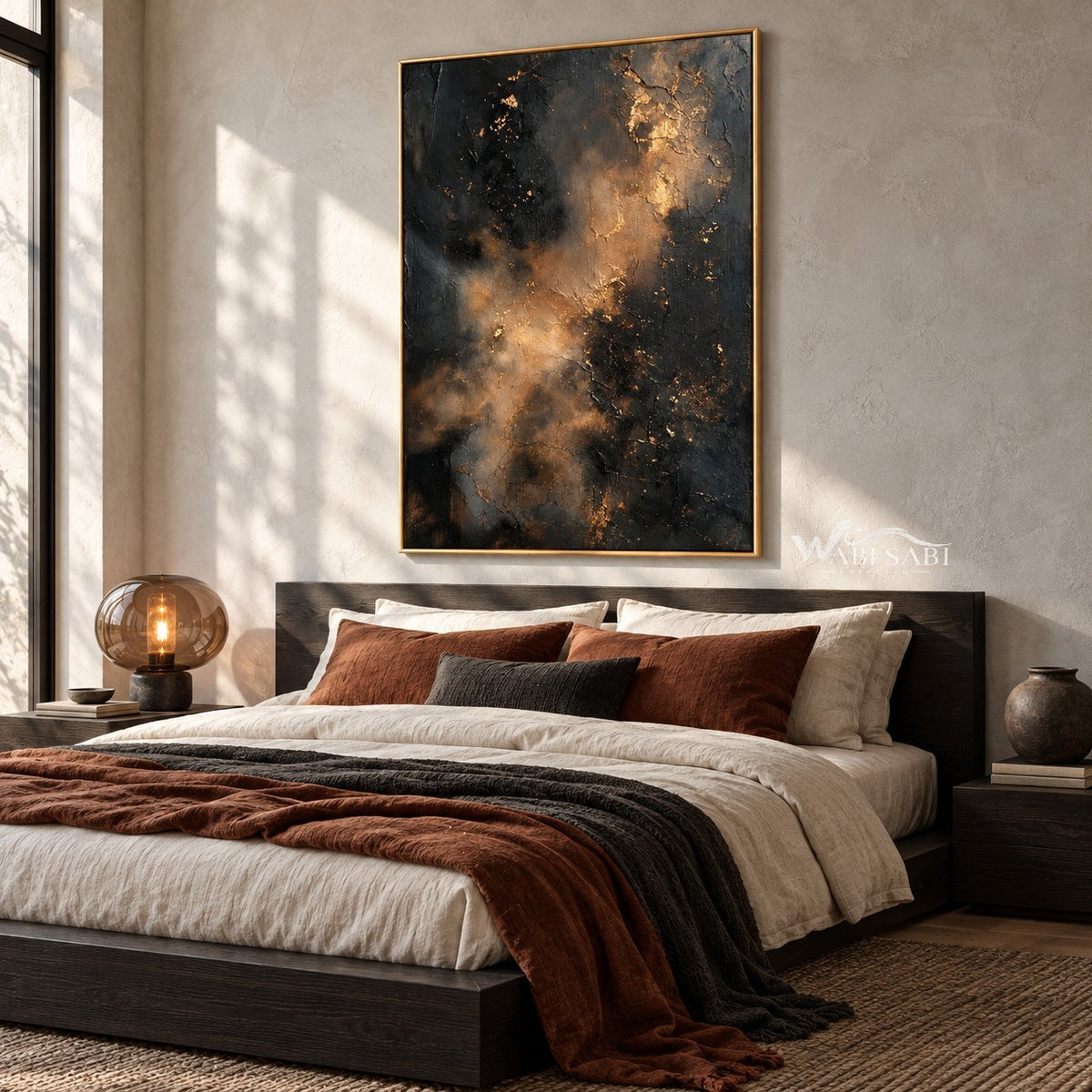 Charcoal Abstract Wall Art with Copper Clouds shown above a bed with a rust-colored throw.