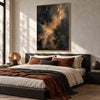 Charcoal Abstract Wall Art with Copper Clouds shown above a bed with a rust-colored throw.