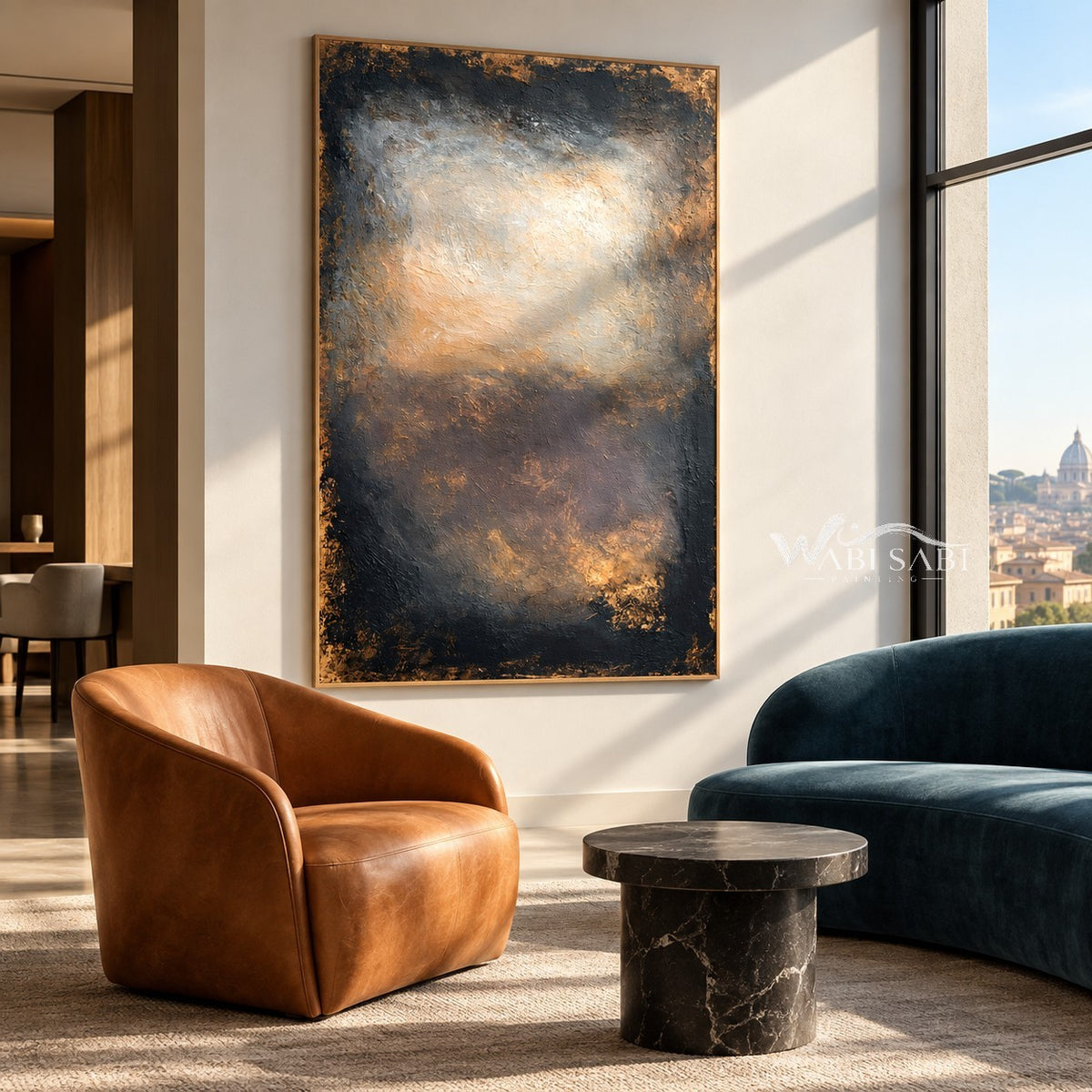Charcoal and Brown Weathered Light Painting shown in a seating area.