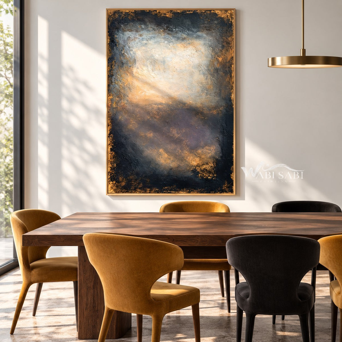 Charcoal and Brown Weathered Light Painting shown in a dining area.