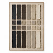 Long bars above and below in charcoal, brown, taupe, cream. Two central rows of squares.