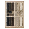 Long bars above and below in charcoal, brown, taupe, cream. Two central rows of squares.
