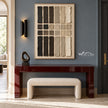 Charcoal and Cream Bar Grid Wall Art shown above a console and pale bench.