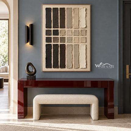 Charcoal and Cream Bar Grid Wall Art shown above a console and pale bench.