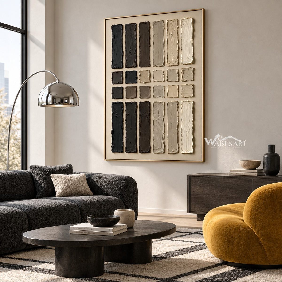 Charcoal and Cream Bar Grid Wall Art shown above a dark sofa.