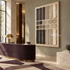 Charcoal and Cream Bar Grid Wall Art shown above a burgundy counter.