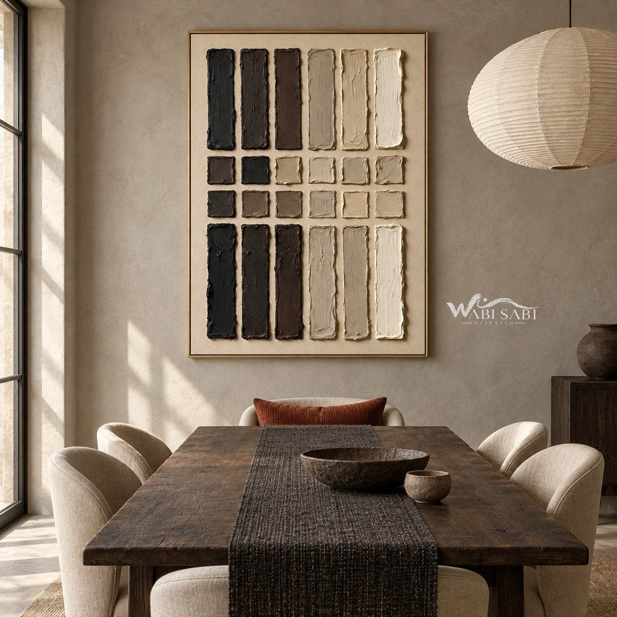Charcoal and Cream Bar Grid Wall Art shown behind a dining table.