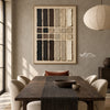 Charcoal and Cream Bar Grid Wall Art shown behind a dining table.