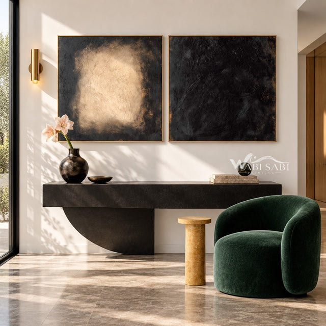 Charcoal and Cream Rectangle Diptych Painting shown above a console.