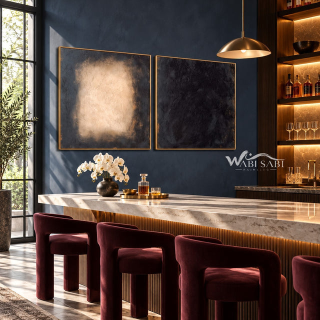 Charcoal and Cream Rectangle Diptych Painting shown in a bar area.