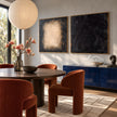 Charcoal and Cream Rectangle Diptych Painting shown in a dining area.