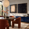 Charcoal and Cream Rectangle Diptych Painting shown in a dining area.