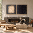 Charcoal and Cream Rectangle Diptych Painting shown near a fireplace.