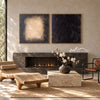 Charcoal and Cream Rectangle Diptych Painting shown near a fireplace.