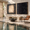 Charcoal and Cream Rectangle Diptych Painting shown in a poolside interior.