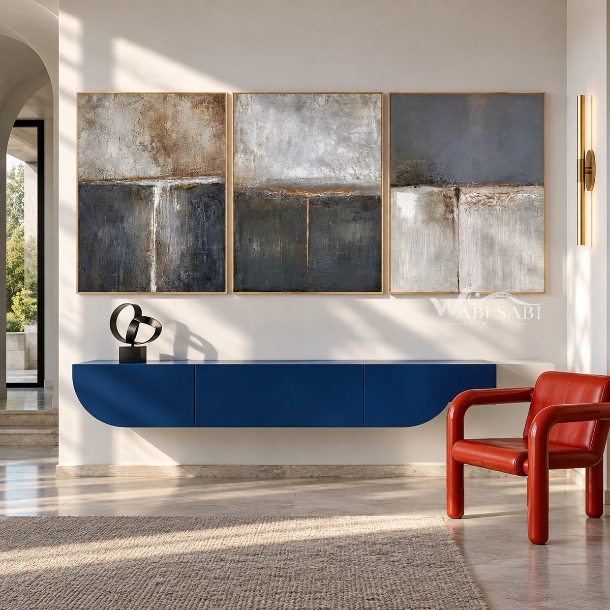 Charcoal and Ivory Block Triptych Wall Art shown above a console.