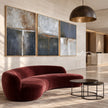 Charcoal and Ivory Block Triptych Wall Art shown in a living room with a sofa.