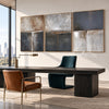 Charcoal and Ivory Block Triptych Wall Art shown in a workspace.