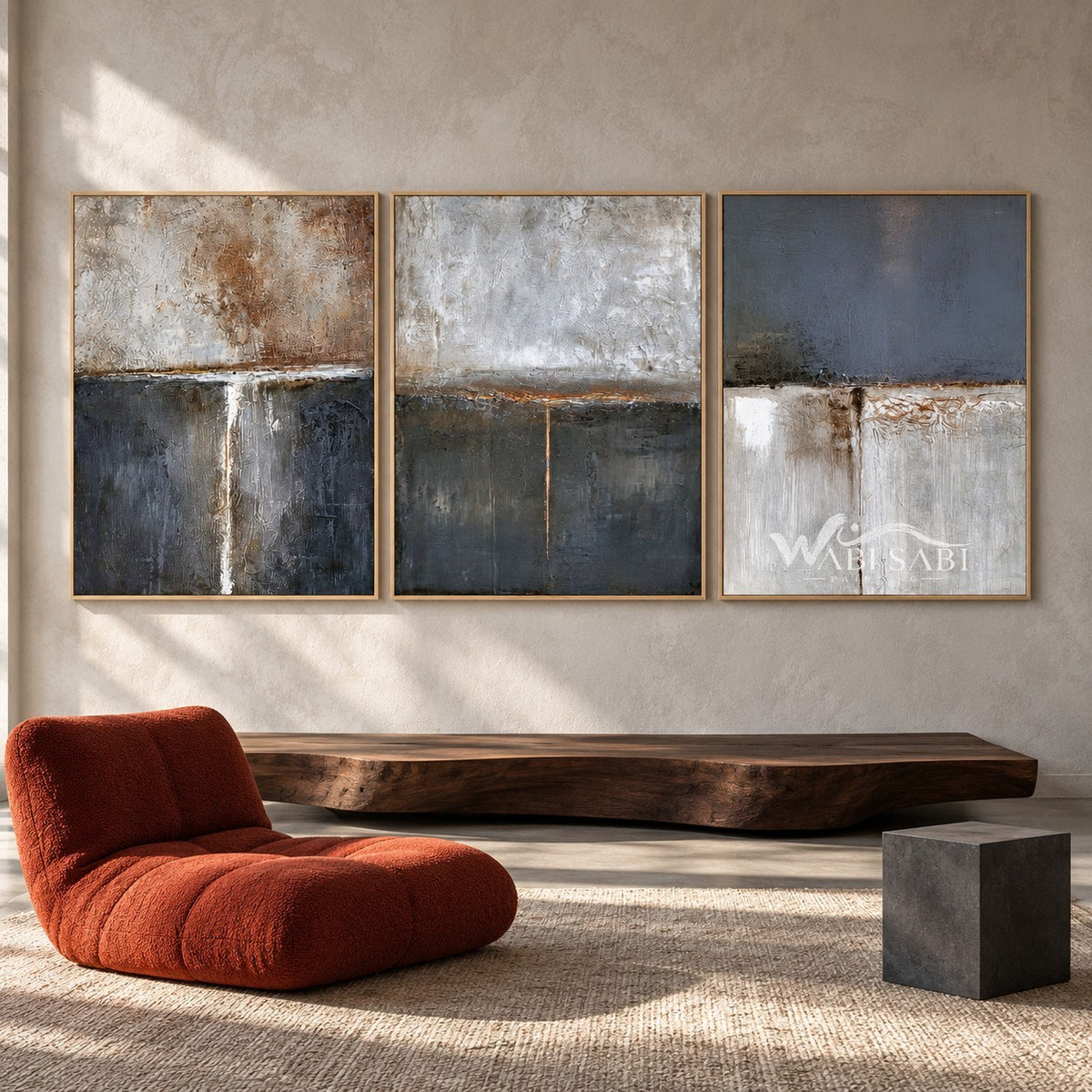 Charcoal and Ivory Block Triptych Wall Art shown above a bench.