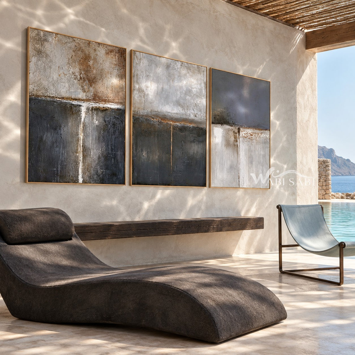Charcoal and Ivory Block Triptych Wall Art shown in a poolside interior.