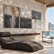 Charcoal and Ivory Block Triptych Wall Art shown in a poolside interior.