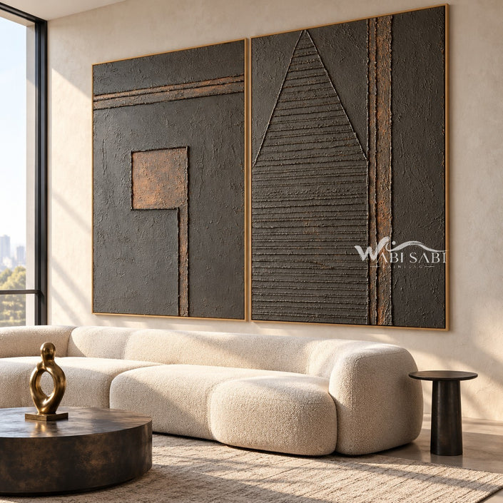 Charcoal Signs Geometric 2-Piece Set shown above a sofa.