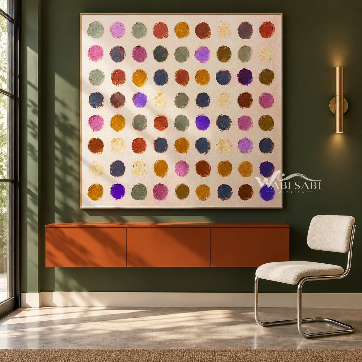 Colorful Dry Brush Dot Grid Painting shown above a console.