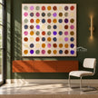 Colorful Dry Brush Dot Grid Painting shown above a console.