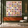 Colorful Dry Brush Dot Grid Painting shown above a console.
