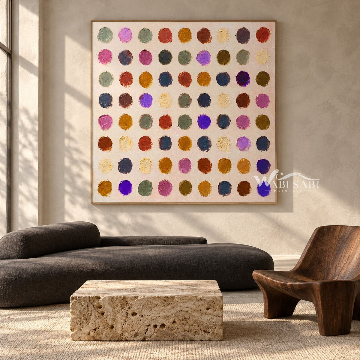 Colorful Dry Brush Dot Grid Painting shown in a living room with a sofa.