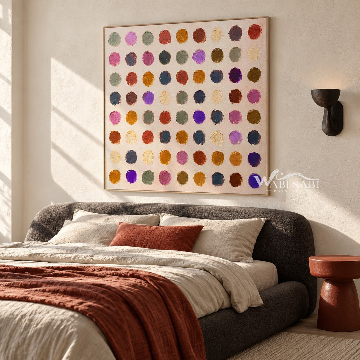 Colorful Dry Brush Dot Grid Painting shown in a bedroom.