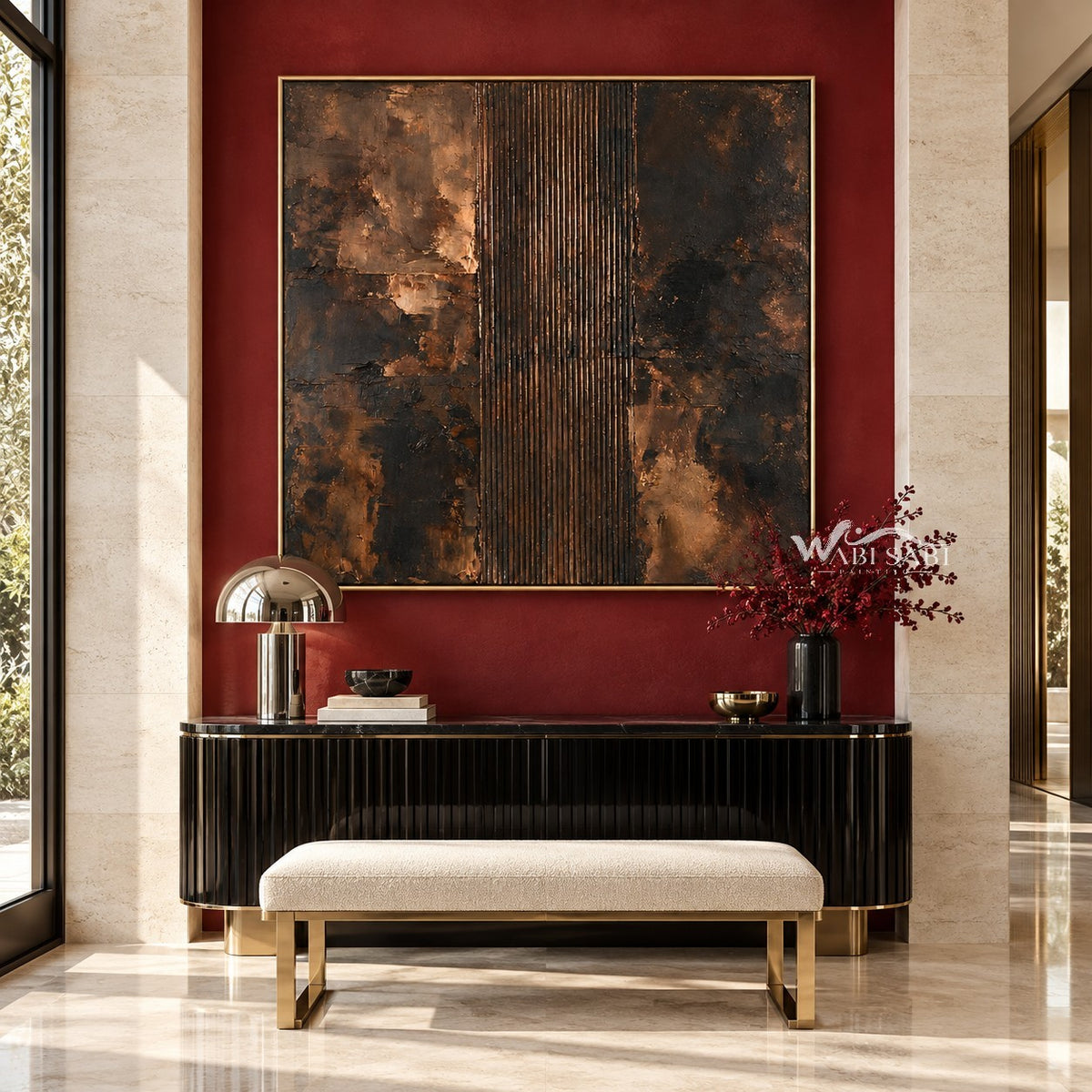 Copper and Charcoal Abstract with Center Stripes shown above a console and pale bench.