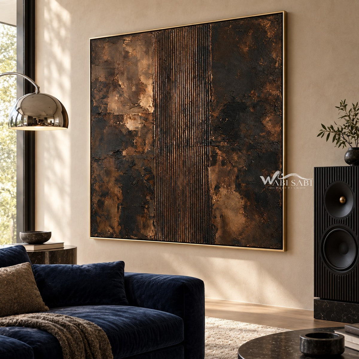 Copper and Charcoal Abstract with Center Stripes shown beside a dark blue sofa.