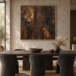 Copper and Charcoal Abstract with Center Stripes shown behind a dining table.