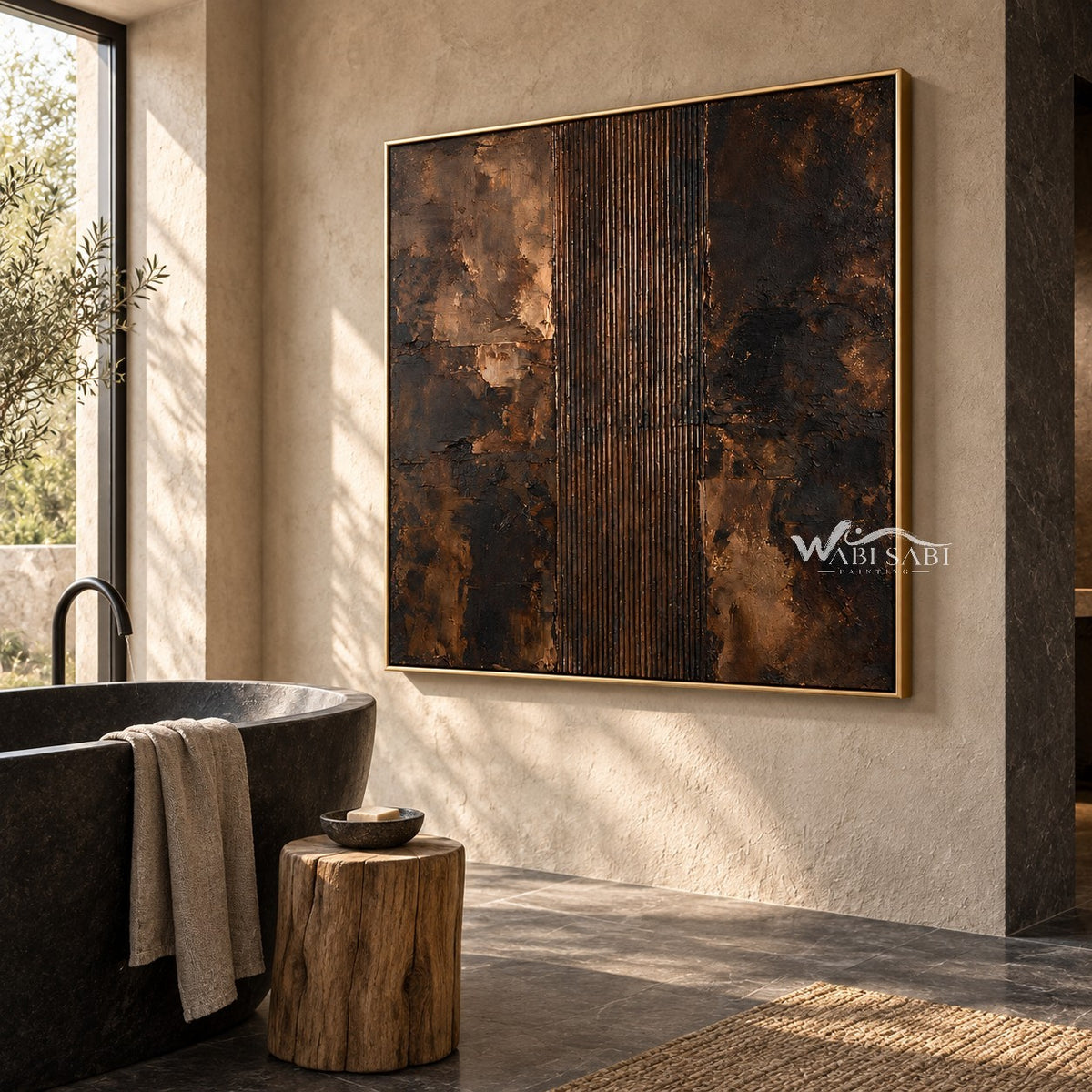 Copper and Charcoal Abstract with Center Stripes shown beside a freestanding bathtub.
