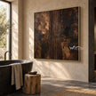 Copper and Charcoal Abstract with Center Stripes shown beside a freestanding bathtub.