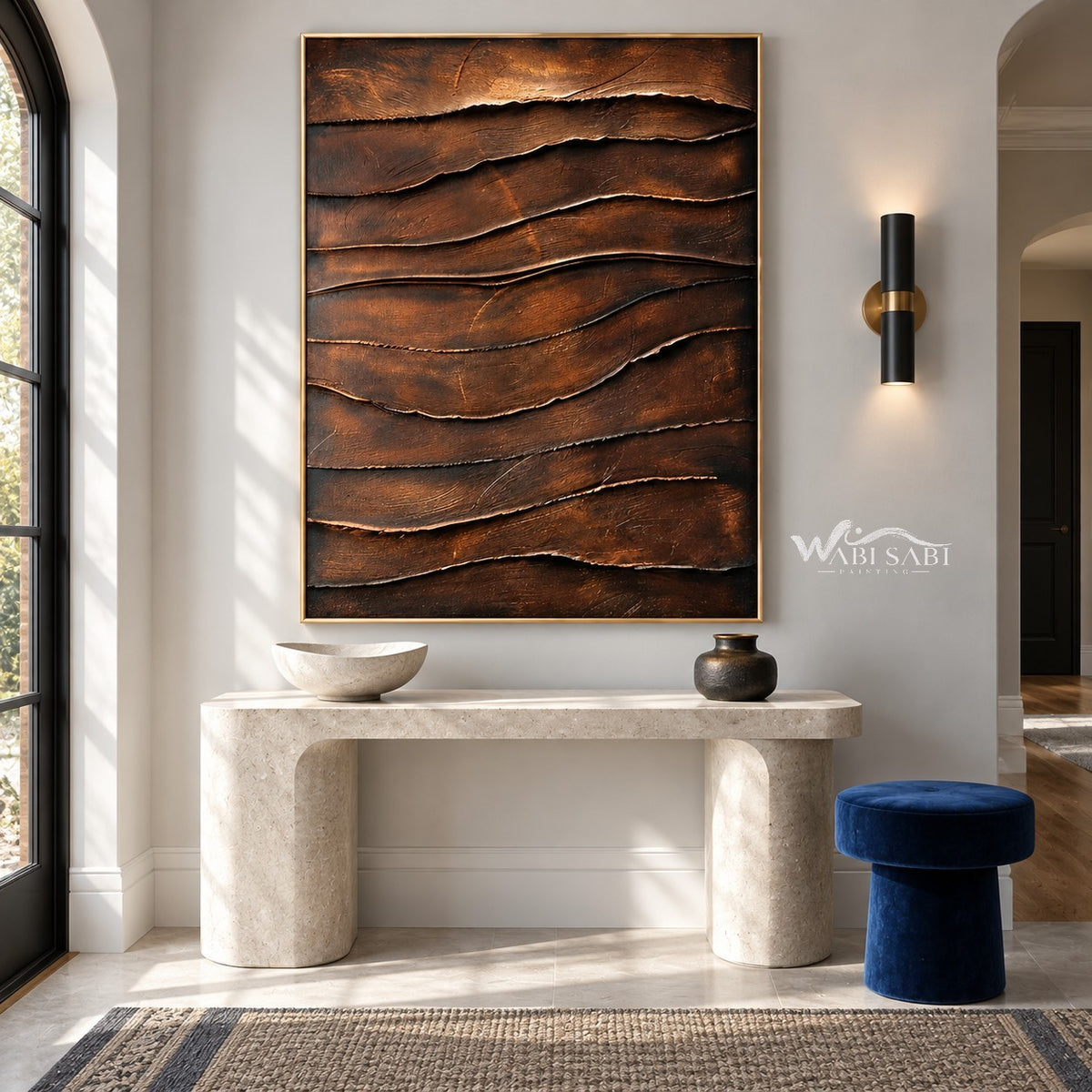 Copper Brown Layered Ridge Wall Art shown above a pale console.