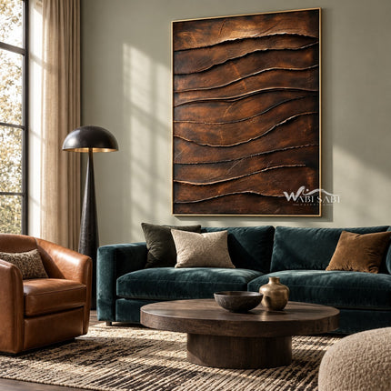 Copper Brown Layered Ridge Wall Art shown above a dark green sofa.