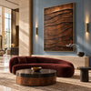 Copper Brown Layered Ridge Wall Art shown above a burgundy sofa.