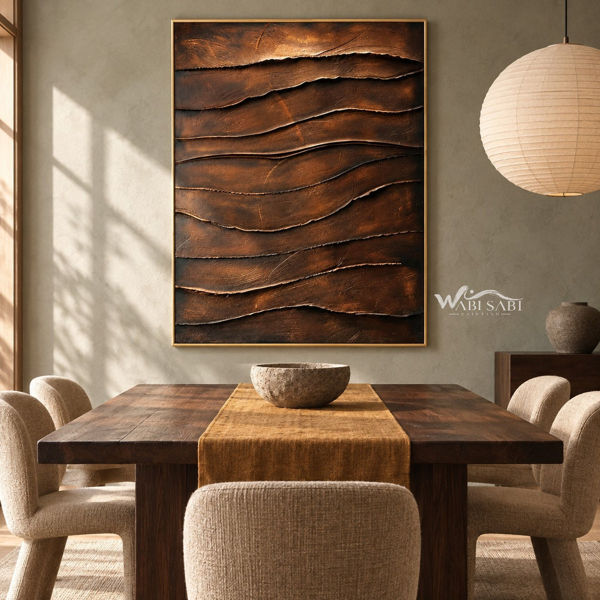 Copper Brown Layered Ridge Wall Art shown behind a dining table.
