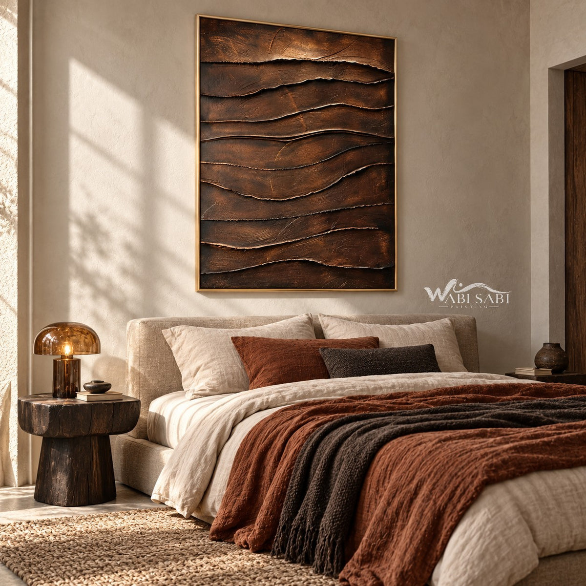 Copper Brown Layered Ridge Wall Art shown above a bed with rust-colored bedding.