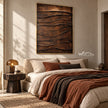 Copper Brown Layered Ridge Wall Art shown above a bed with rust-colored bedding.
