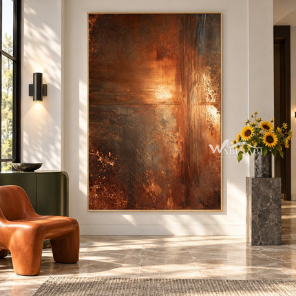 Copper Brown Weathered Canvas Painting shown in an entryway.
