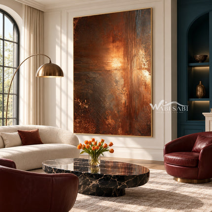 Copper Brown Weathered Canvas Painting shown in a living room with a sofa.