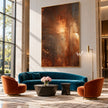 Copper Brown Weathered Canvas Painting shown in a living room with a sofa.
