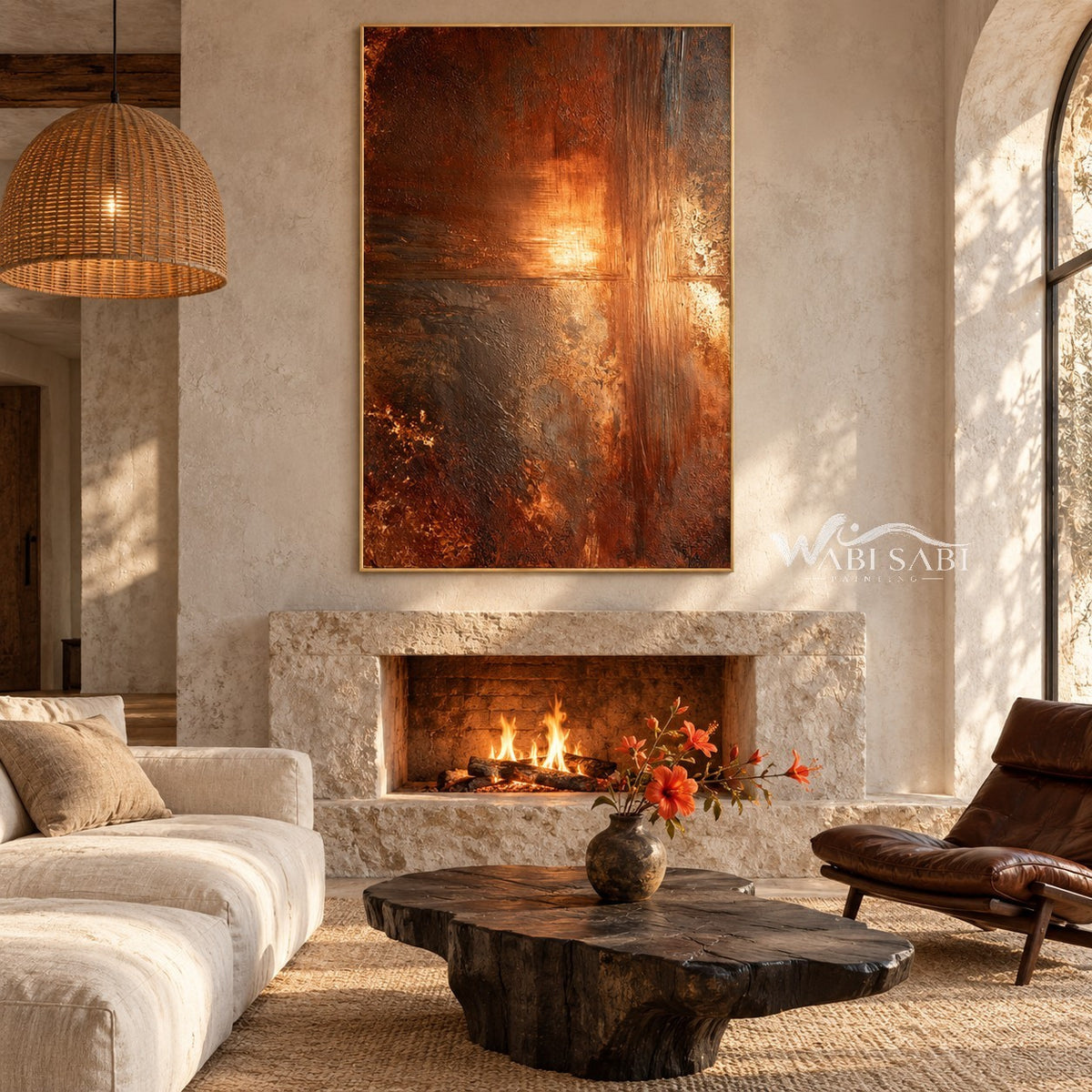 Copper Brown Weathered Canvas Painting shown near a fireplace.