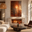 Copper Brown Weathered Canvas Painting shown near a fireplace.